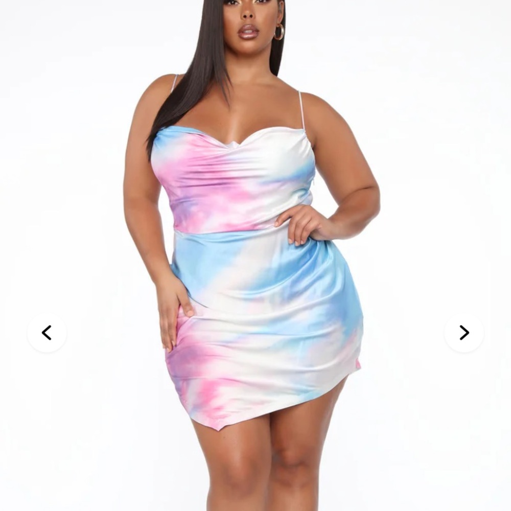 Fashion Nova Pink Blue White Tie-Dye Satin Cowl Neck Mini Dress